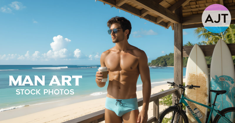 Handsome athletic man in swim trunks stands on the veranda of his beach shack drinking coffee