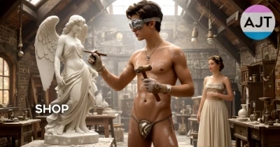 Naked sculptor in his studio shop adding the finishing touches to a marble angel