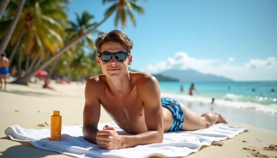 Attractive brown haired man in camo togs looks at the camera while he sunbathes