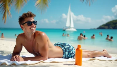 Happy man on a towel on the beach