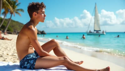 Teen youth in beach shorts sits in private contemplation