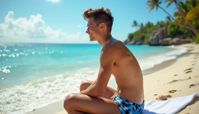 Good looking male sits on the foreshore of a tropical island