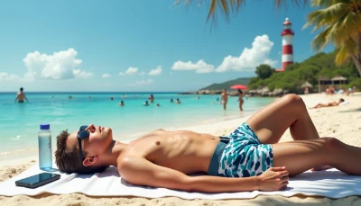 Man sunbathes on the sand with a lighthouse in the distance