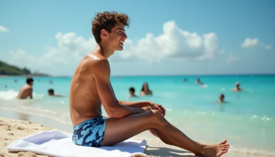 Attractive man sits on the beach while people swim in the water
