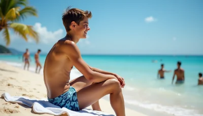 Happy young man in camouflage shorts smiles to his friends in the waves