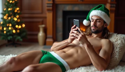 Young man with beard checks has face time with friends