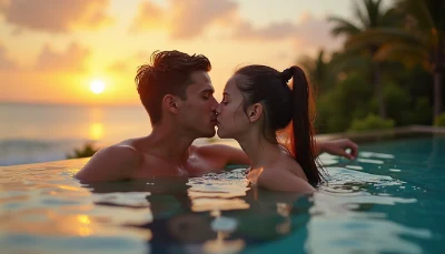 Brunette couple kissing at sunset