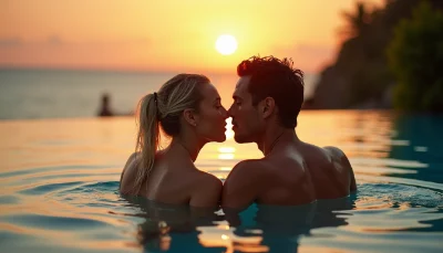 man and woman swimming and cuddling