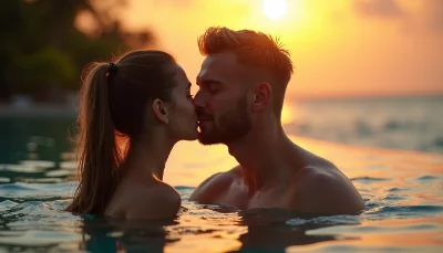 older man and younger woman kissing