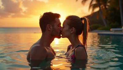 Newly married couple kiss in the resort pool