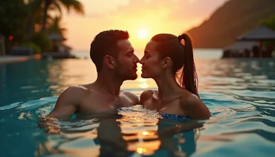 couple on holiday have a sweet kiss at dusk