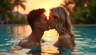 dark haired youth and blonde girl swim together at sunset