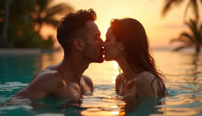 man and wife kiss in a tropical island pool